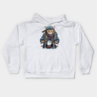 cat wearing a jackets hat and a scarf on a motorcycle Kids Hoodie